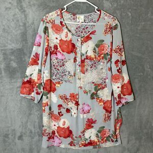 Fig and Flower Women's Floral Top Blue Red Pink Flowers Size 1X Polyester